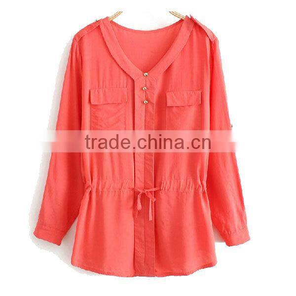 Women's full folded sleeve v neck ruched back yoke red color blouses for fat