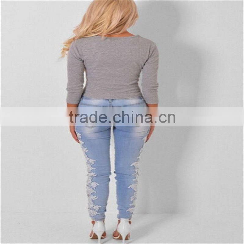women brand pants Ladies Casual white and black with waist-length Ripped distressed female jeans