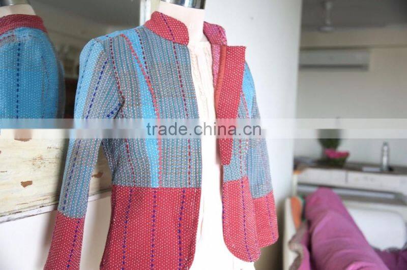 Vintage Kantha Jacket in Turquoise & Brick Red Color ~ Small