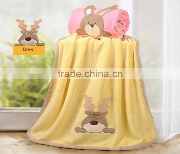 Lovely deer embroidered overlocking soft baby blanket