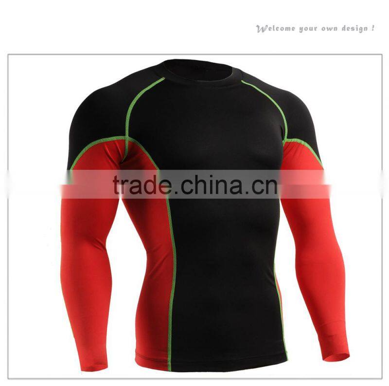 Mens skin tight base layer spandex long sleeve black-red t-shirt