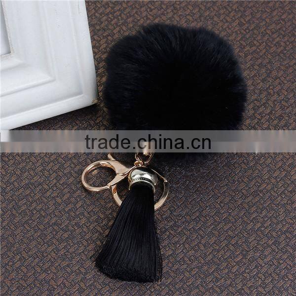 Custom Gold Plated Black Angora Pom Pom Ball Rayon Tassel Custom Keychain