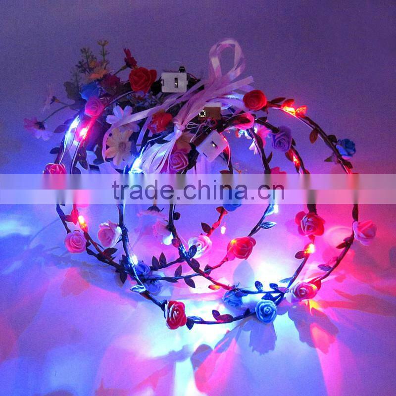 New Products Artificial Flower Head Band LED Light Rose Flower Wreath