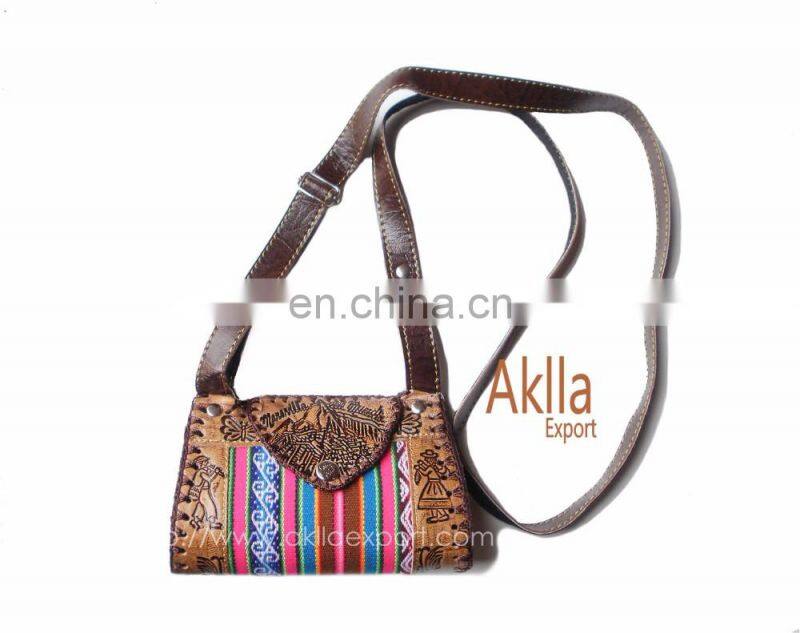Handmade Embossed Leather Handbag with Aguayo Blanket