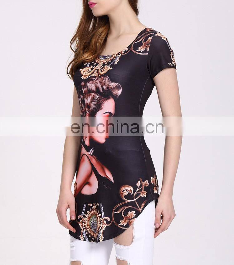 160g Qmilch Fabric Black Small Beauty Pattern Short Sleeve Women Fashion Shirt Tops