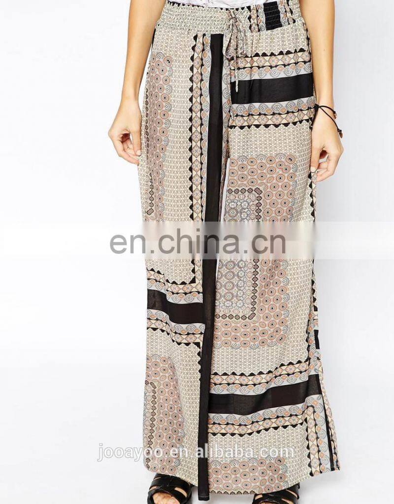 Women Fashion Trousers Ladies Border Print Casual Loose Wide Leg Pants
