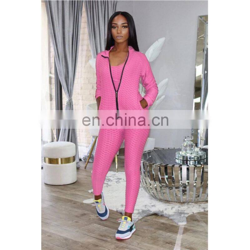 2021 New Fashion Plain Long Sleeve Jacquard 3 Piece Fall Sets Women Zipper Tracksuit Set