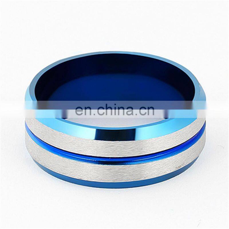 Men's fashion 8MM Silver Brushed Ladder Edge Stainless Steel Ring Blue Groove Matte Men Wedding Ring