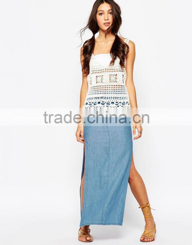 Fashion Women divided Long Maxi Skirt in Chambray Denim