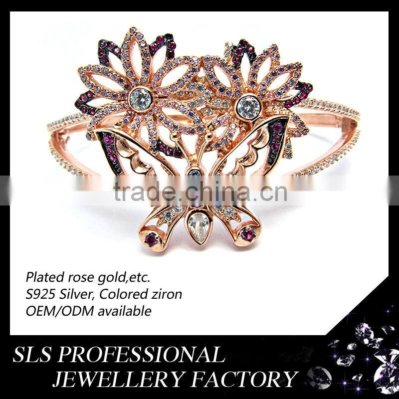2015 fashion jewelry lovely flower and butterfly shape bangle for sweet girl platting rose gold material bangles charms