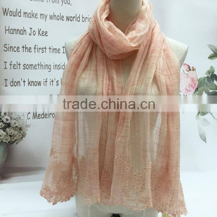 Leisure Japanese Literary Art Style Vintage Plain Flower Embroidery Wholesale Cotton Linen Scarves