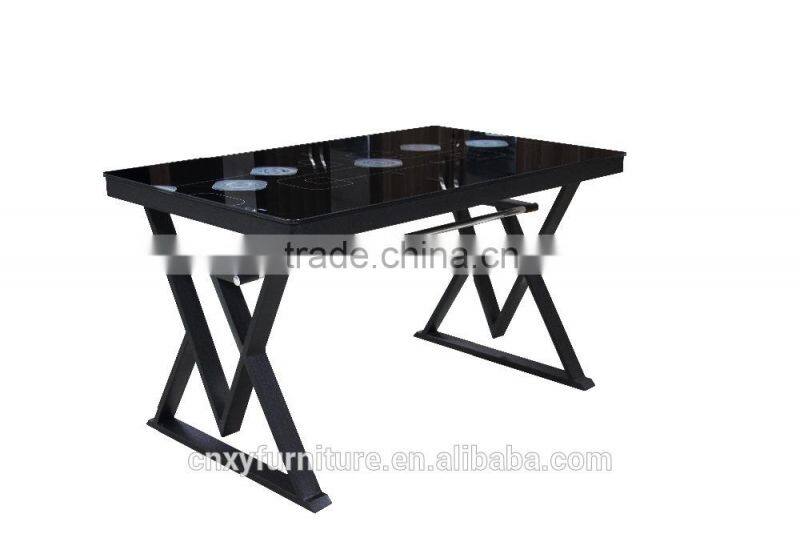 Foshan modern metal base 9mm thick rectangle black lacquer tempered glass dining table for 4 person