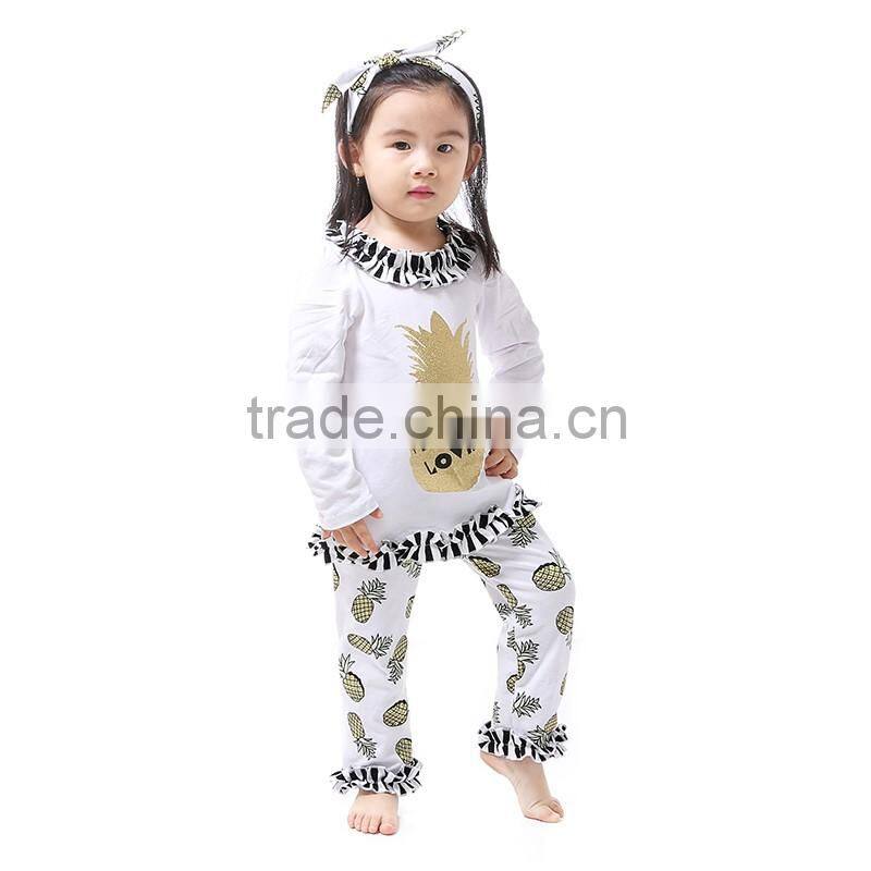 Cheap Baby Clothes Grey & White Striped Top and Ruffle Pants Outfit for Girls
