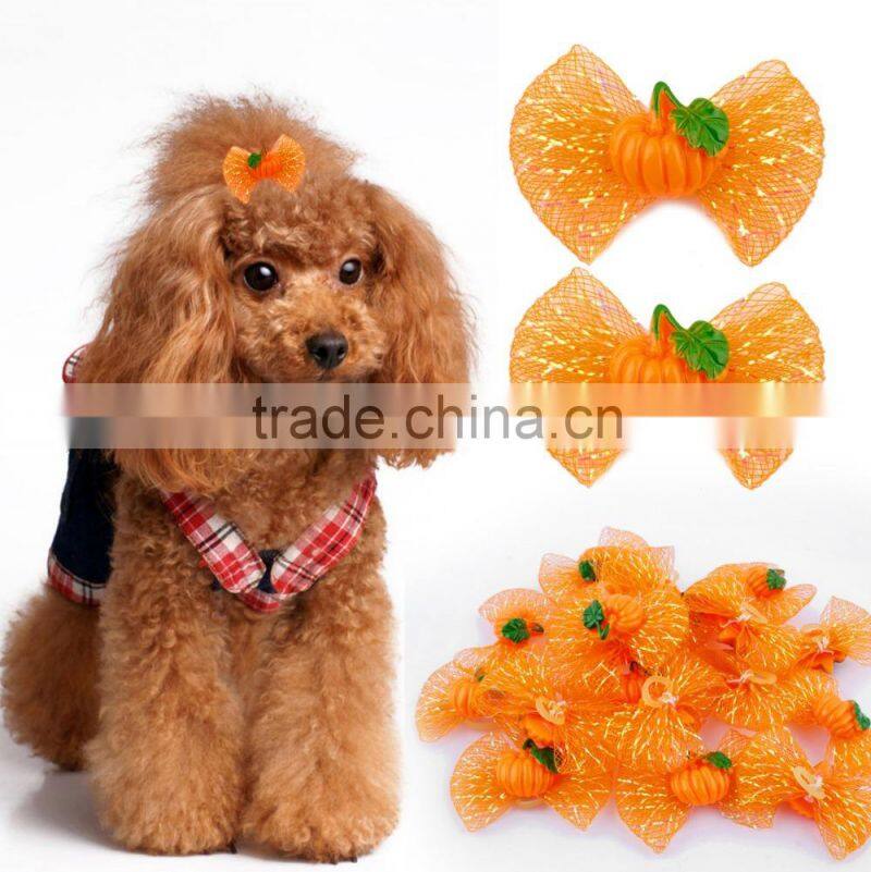 Wholesale Halloween Pumpkin Dog Pet Hair Bow With Rubber Bands