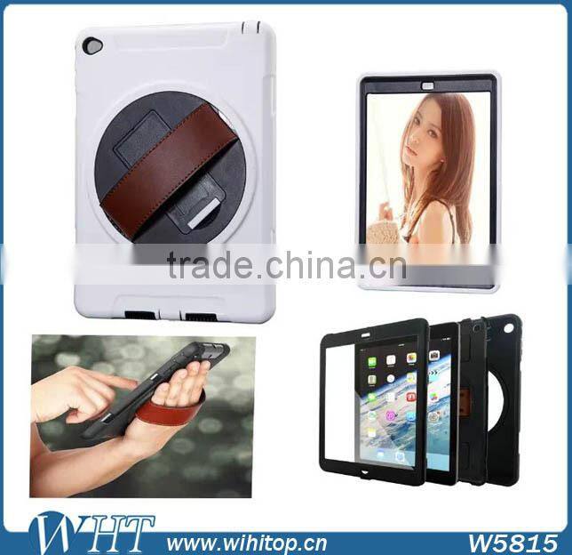 Genuine Leather Hand Strap Rotating 3 Layer Heavy Duty Hybrid Armor Case for iPad Mini 1 2 3, with Touchable Screen