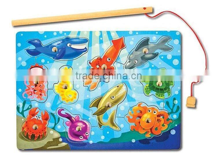 Hot sell educational wooden toy of magnetic fishing puzzle games