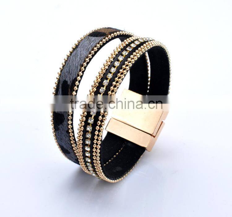 MBRL28 Quality leopard pubescence Leather alloy small beads leather bracelets with magnetic clasp