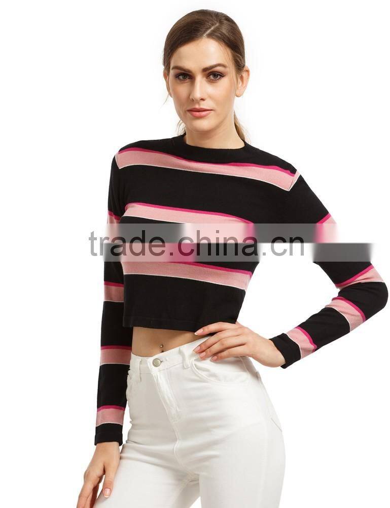 chinese clothing manufacturers 2016 fall and winter cropped stripe short knitted sweater designs for women