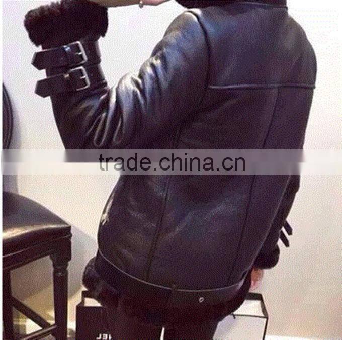 2015 Latest design girls Winter sherpa lined goat leather jacket