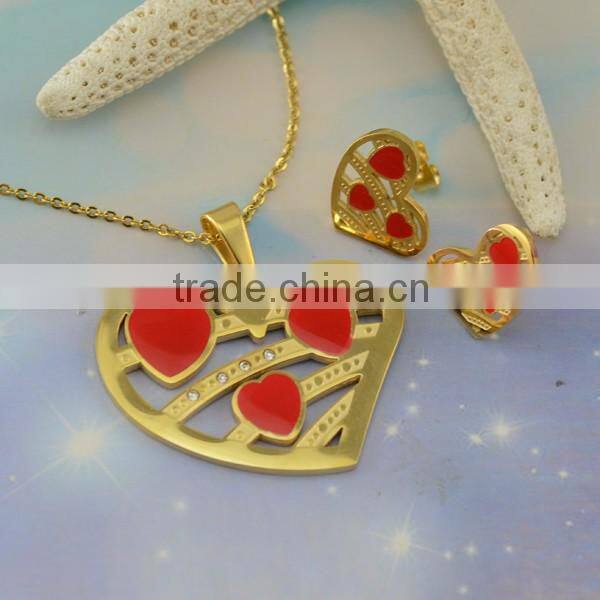 Stainless Steel Necklace And Earring Ring Bridal Wedding Jewelry Sets With Red Hearts Around