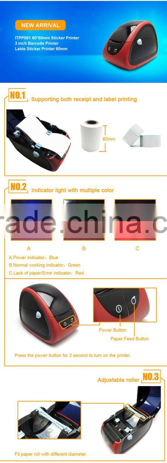 ITPP061 80*40mm Sticker Printer 3 inch Barcode Printer Lable Sticker Printer 80mm