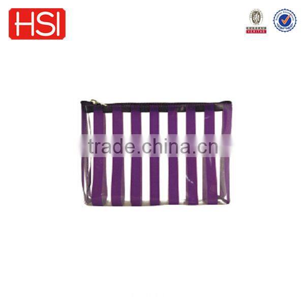 Fashion purple striated pvc zipper cosmetic bag/ pencil case