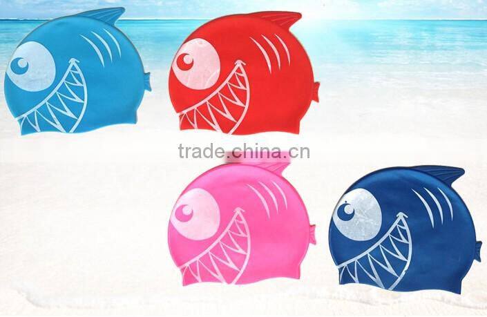 2016 Summer Fashionable Comfortable Wear silicone Waterproof Cartoon Shark Children Swimming Cap