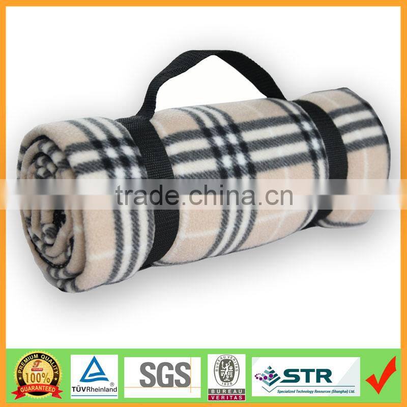 Roll Up Tartan Polar Fleece Travel Blanket with Woven Carry Handle