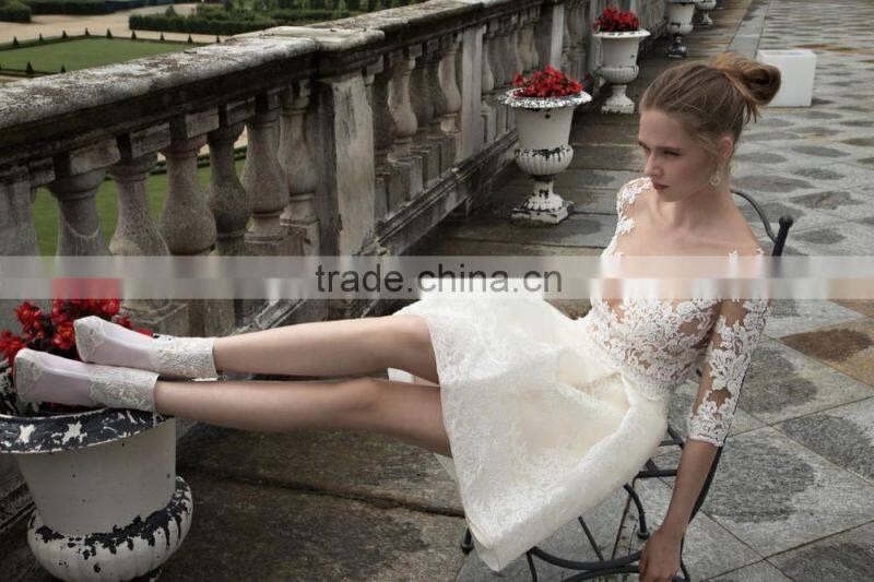 (MY16601) MARRY YOU Sexy Half Sleeve See Through Lace Bodice Short Wedding Dresses