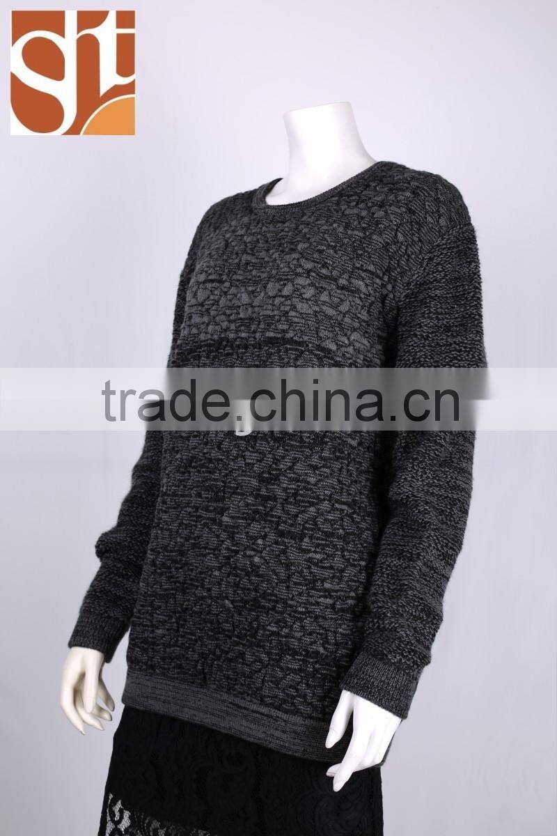 New product womens' round neck long sleeve pullover wool knitted sweater with jacquard