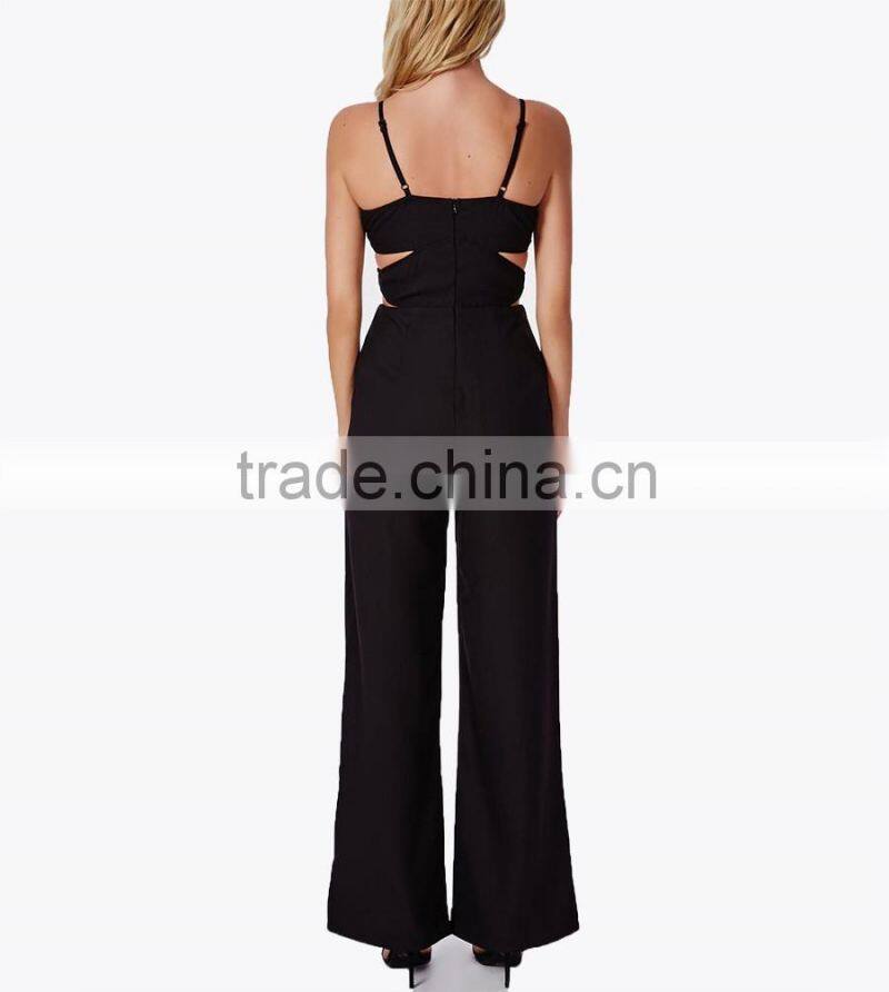Trendy Top Sale Spaghetti strap v cut out bandage long black sexy jumpsuits for woman