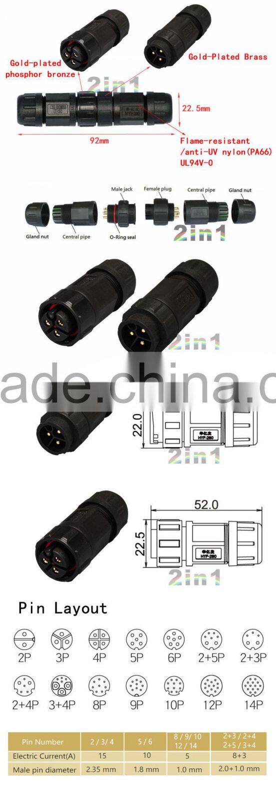 SK19 3pin IP68 20A Nylon Solder Electric Cable Wire Waterproof Connector bayonet type