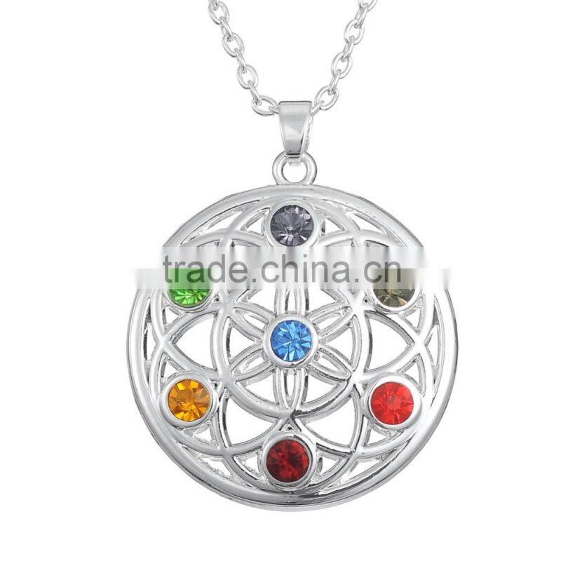 Stainless steel tatoo symbol seven color crystal round chakra jewelry pendants necklaces(YZ-003)
