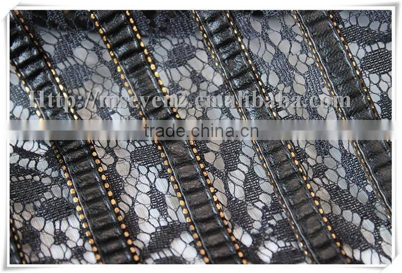 Fashion style leather lace fabric with gold chain for fashion clothing