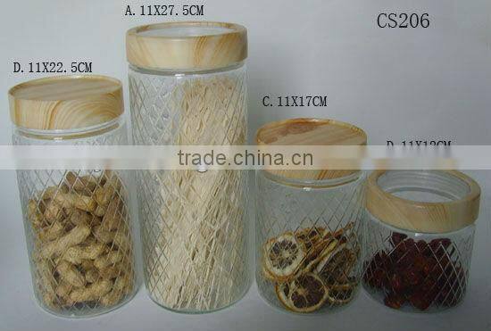 4 pcs clear cylinder diamond pattern glass jar wooden lid