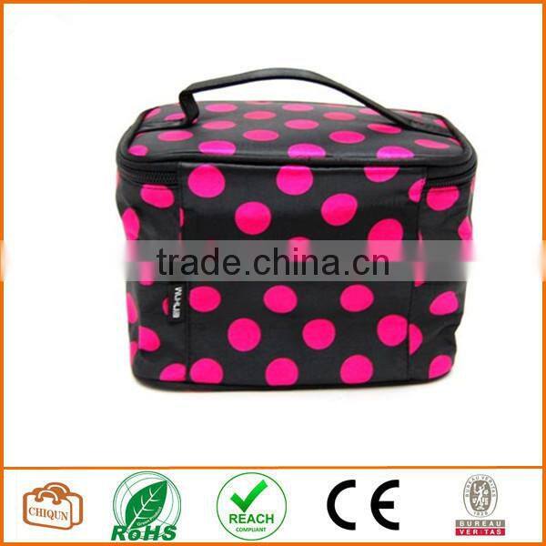 Double Layer Cosmetic Bag Black with Pink Dot Travel Toiletry Cosmetic Makeup Bag Organizer With Mirror