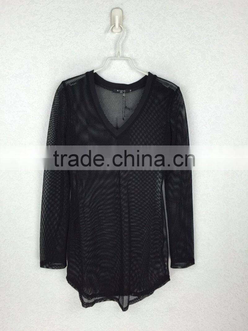 Original design lady v-neck sheer blouse long sleeve black mesh fabric blouse