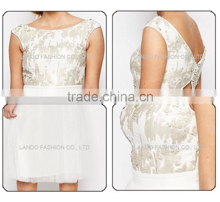 Customized New fashion cap sleeve free prom one piece dress sequin stitching double layer chiffon dress