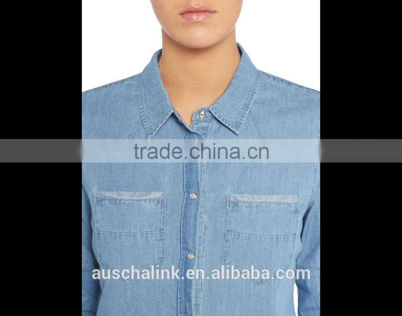 2016 new arrival ladies long sleeve blue denim shirt OEM service