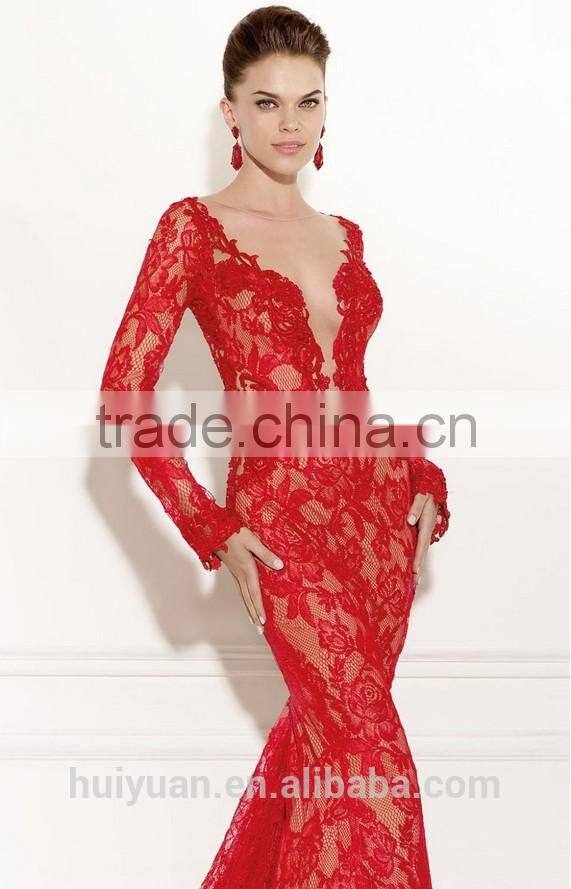 sexy lace backless mermaid long sleeve red evening dress