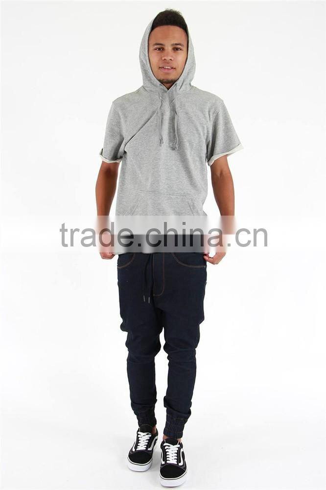 Cheap black/grey thin fleece blank hoodie short sleeve pullover hoodie