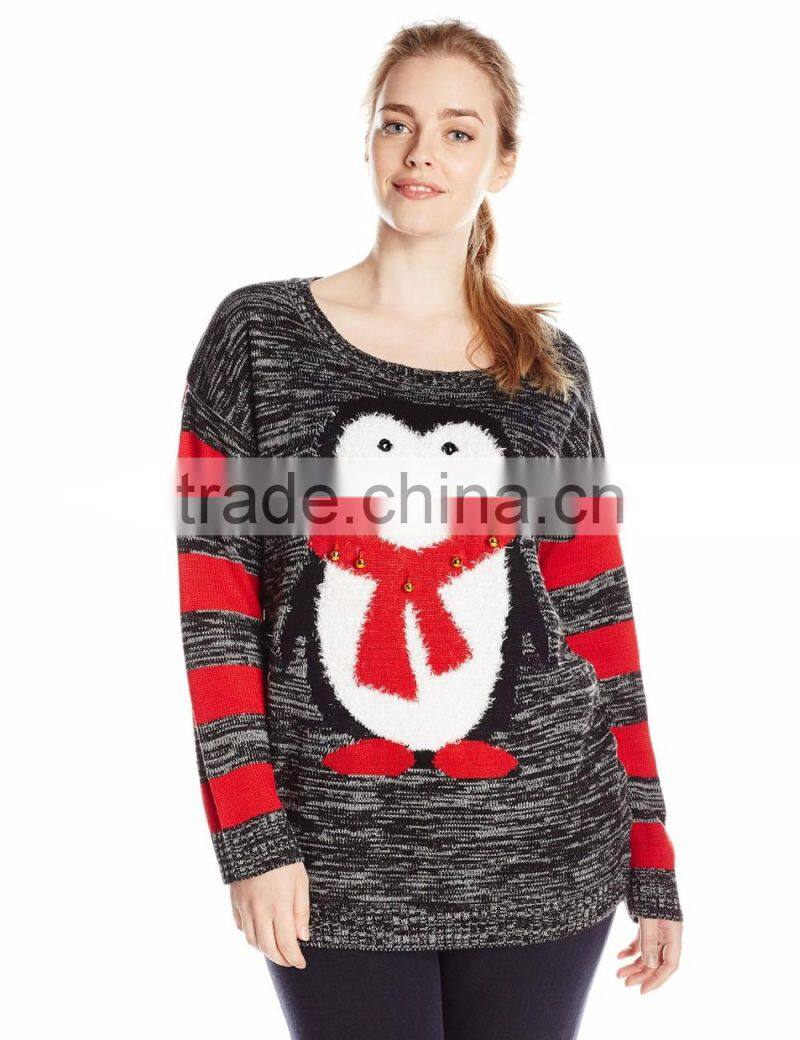 Women Grey Sweater Penguin Pattern Christmas Pullover Sweater