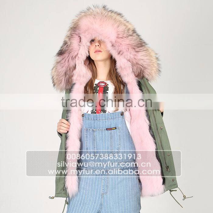 Myfur Plus Size Mini Parka With Fur Lining Luxury Colorful Raccoon Fur Hood