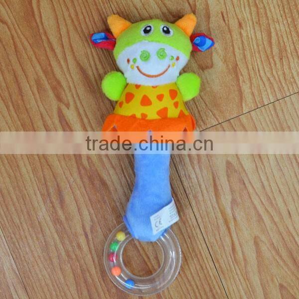 Cute animal rattle insert baby educational plush toys with ring in colorful beans
