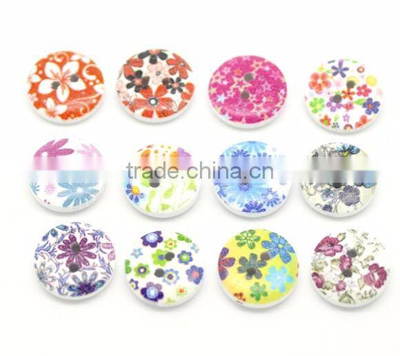 Mixed Multicolor Flower 2 Holes Round Wood Painting Sewing Buttons 15mm(5/8")