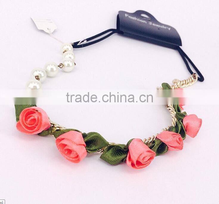 Fashion Hot Red Fabric Chiffon Rose Flowers Elastic Chain Headband Pearls Hairband Hair Necklace Head Ornament Accessories