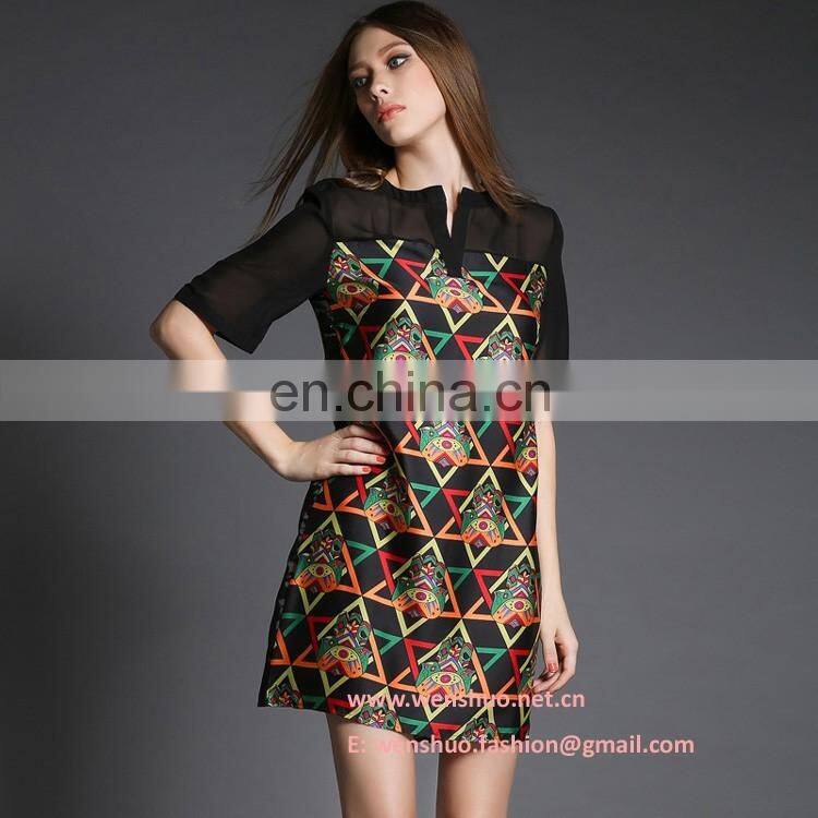 High Qulaity Printed Imitation Silk Short Sleeve Ladies Dress