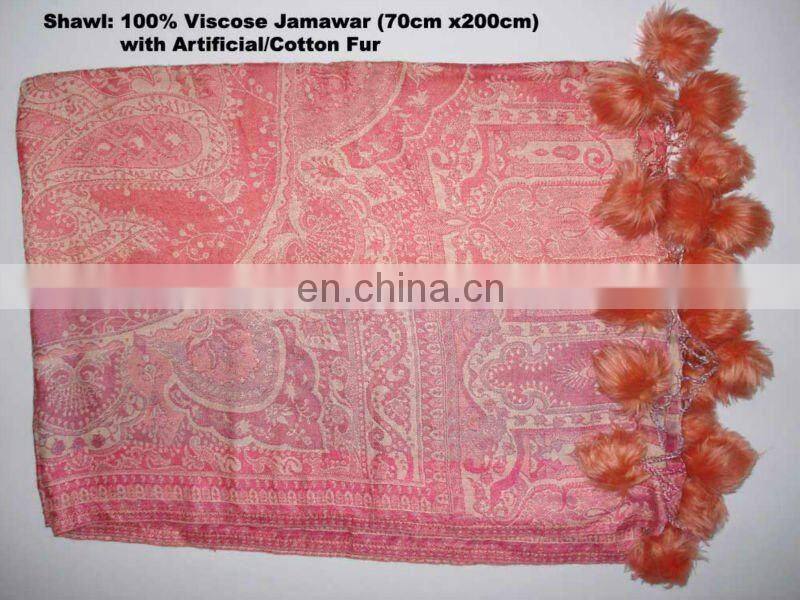 Paiseley Design shawl with Fur balls in Mexico