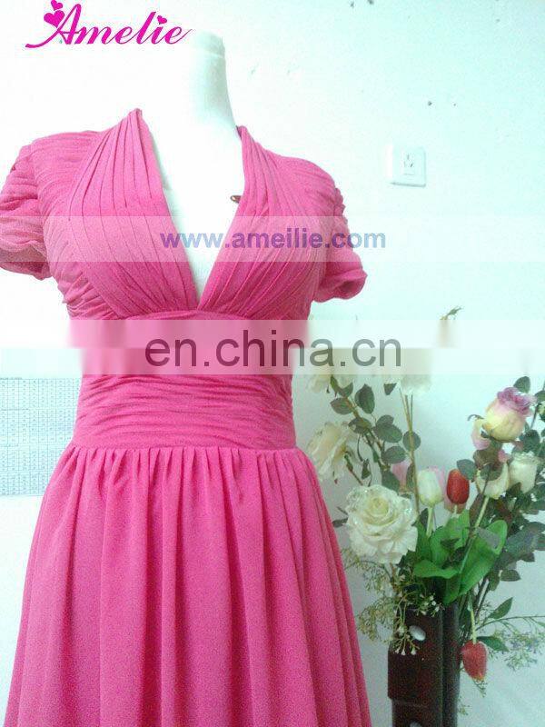 AC7R01 V neckline short sleeve peach chiffon long evening dress