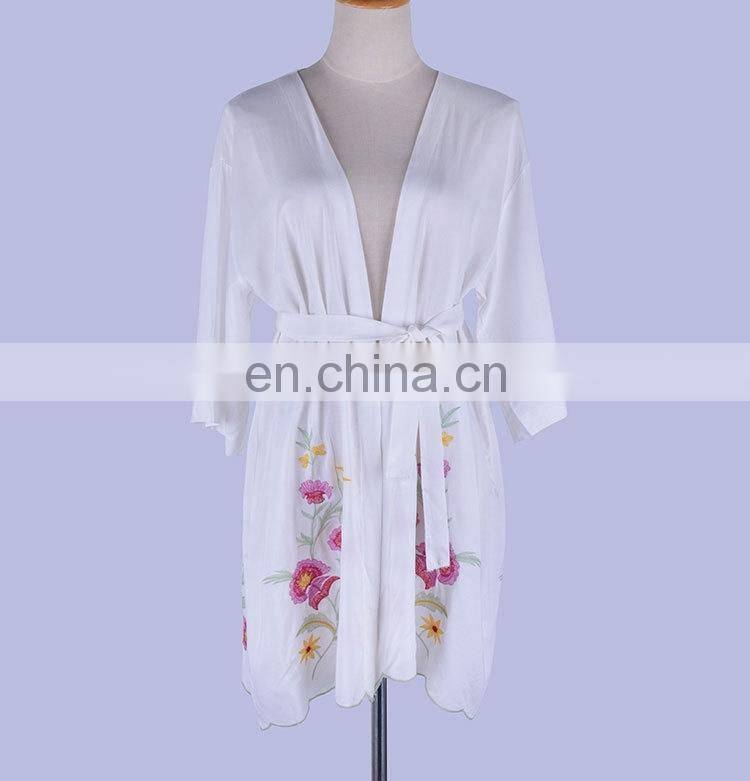 2019 New Bohemian Floral Embroidered Three Quarter Sleeve Self Belted Summer Beach Dress White Cotton Tunic Women Beachwear